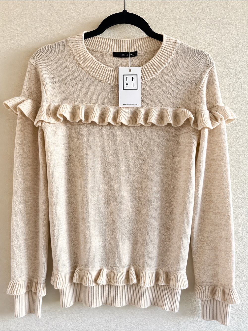 THML Cream Ruffle Detail Crew Sweater